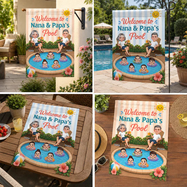 Personalized Garden Flag, Nana & Papa Pool Welcome Design with Grandkids, Unique Gift