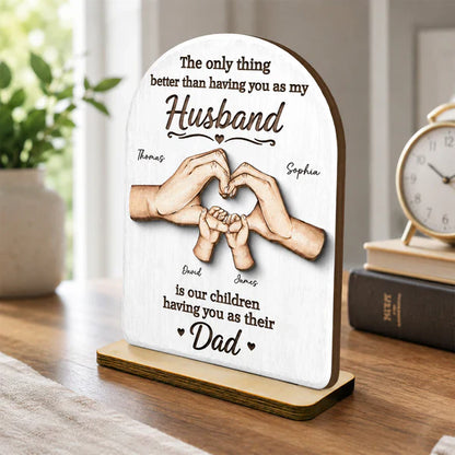 Personalized 2-Layer Wooden Plaque, Family Hands Illustration, Unique Gift for Husband & Dad