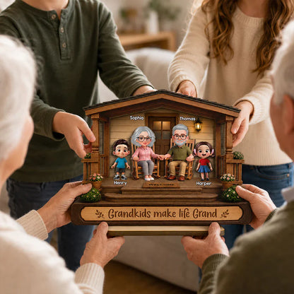 Personalized 2-Layer Wooden Plaque, Warm Cartoon Grandparents & Grandkids Porch Scene, Unique Gift for Grandparents
