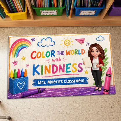 Personalized Standard Doormat With Standing Teacher & Kindness Quote, Unique Back To School Gift