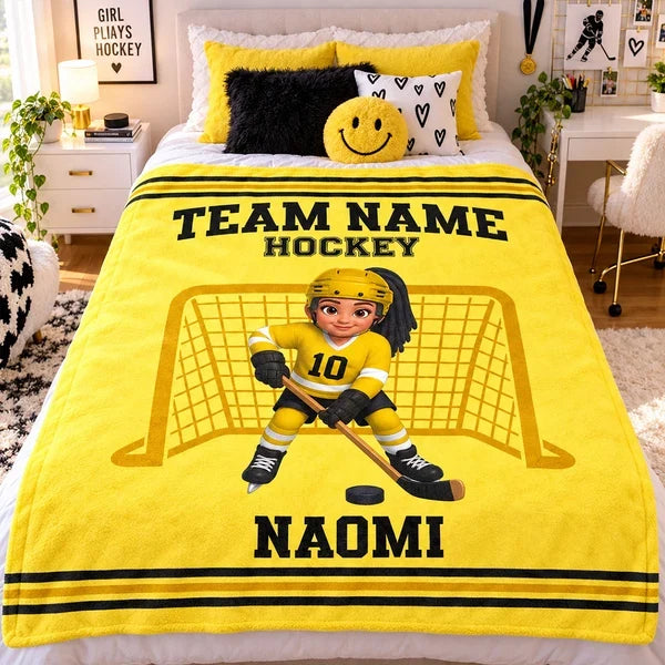 Personalized Fleece Blanket, Blue Hockey Player Goal Scene, Creative Keepsake Gift for Son or Grandson