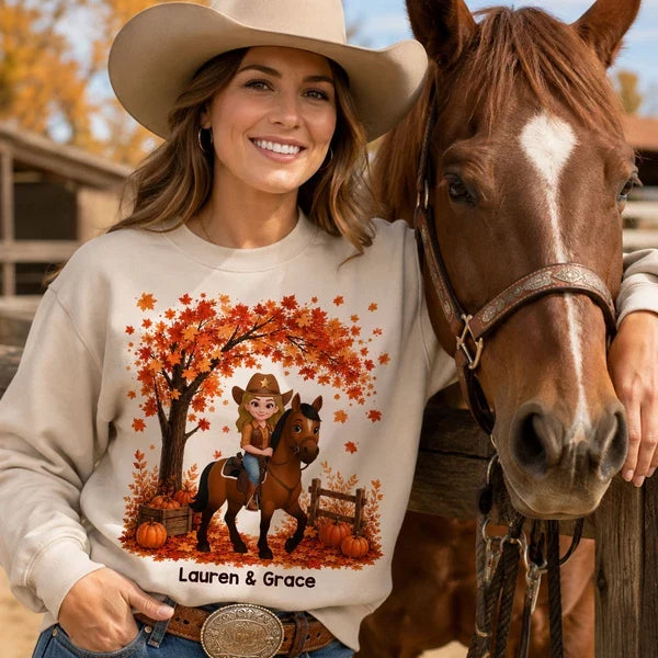 Personalized Classic Tee with Cartoon Cowgirl Riding a Horse in an Orange Fall Scene, Creative Gift for Horse Lovers