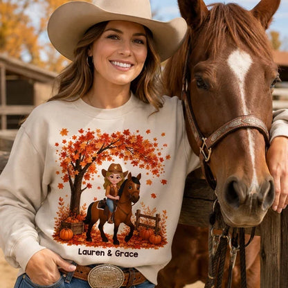 Personalized Classic Tee with Cartoon Cowgirl Riding a Horse in an Orange Fall Scene, Creative Gift for Horse Lovers