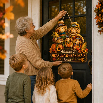 Personalized Wooden Sign with Scarecrow Family, Fall Door Decor, Unique Gift for Grandma & Grandpa