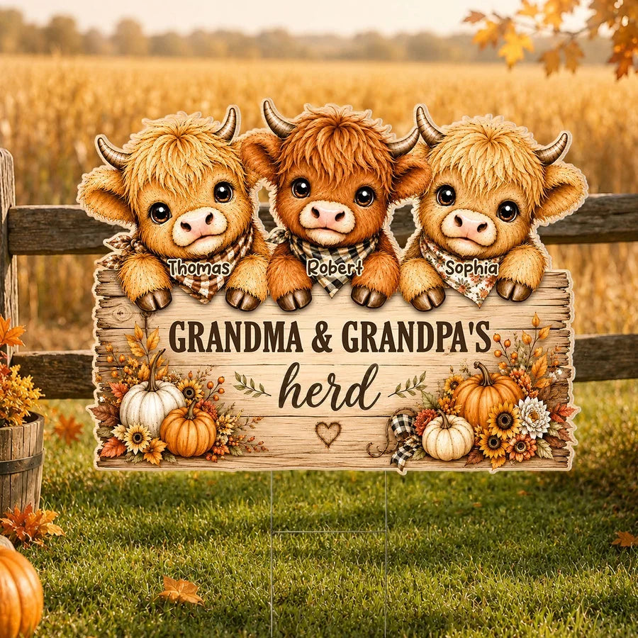 Personalized Grandma & Grandpa's Herd Shaped Yard Sign, Cows Peeking in Autumn, Creative Family Gift