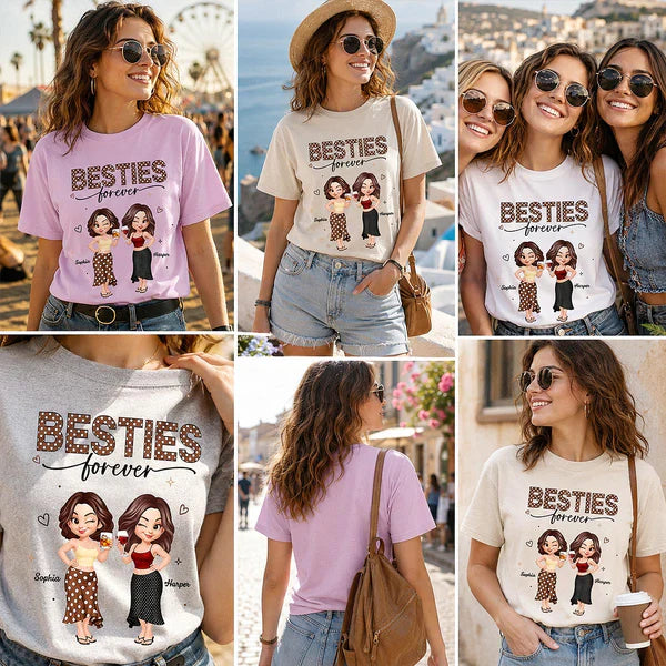 Personalized Besties Forever Classic Tee, Polka Dot Friends Holding Drinks, Unique Gift for Close Friend