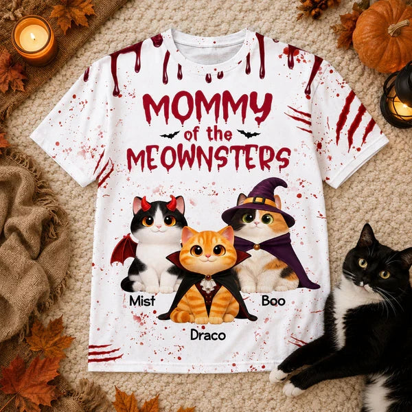 Personalized Printed Classic Tee, Mommy of the Meownsters Cat Lover Halloween Unique Gift