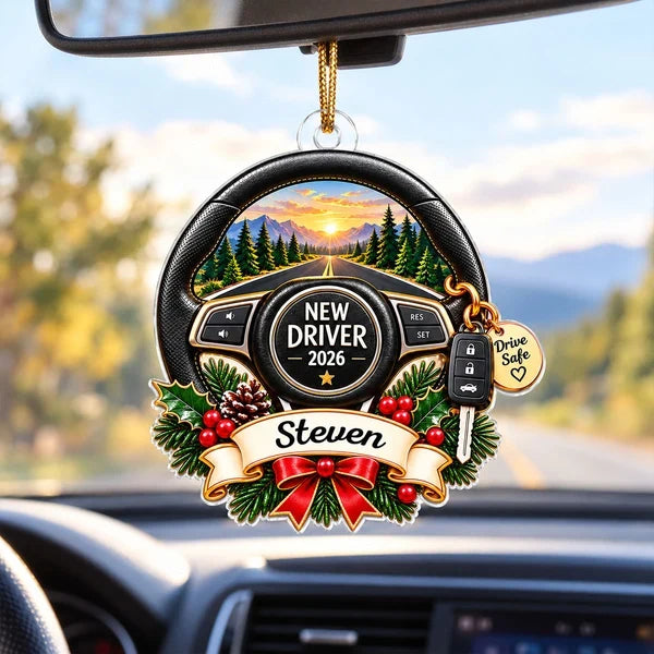 Personalized Acrylic Ornament, New Driver Steering Wheel on a Sunset Mountain Road, Unique Gift