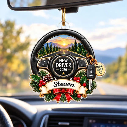 Personalized Acrylic Ornament, New Driver Steering Wheel on a Sunset Mountain Road, Unique Gift