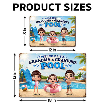 Personalized Rectangular Iron Sign, Kids Playing by Sunny Pool, Unique Gift for Grandma & Grandpa