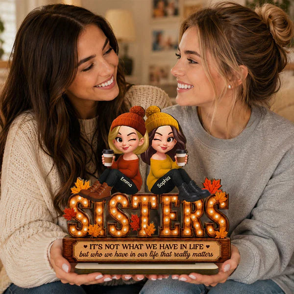Personalized 2-Layer Wooden Plaque, Fall Besties Cartoon Coffee Scene, Unique Gift for Sister or Friend