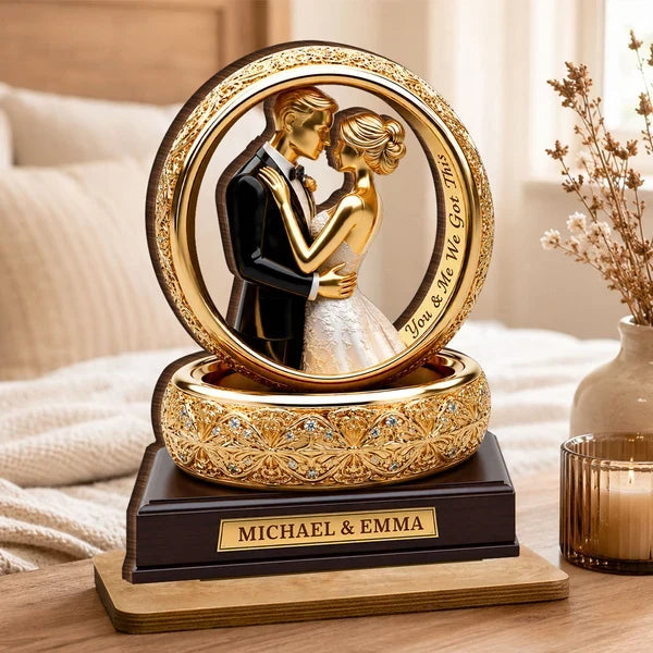 Personalized 2-Layer Wooden Plaque With Golden Embracing Couple, Unique Anniversary Gift For Couples