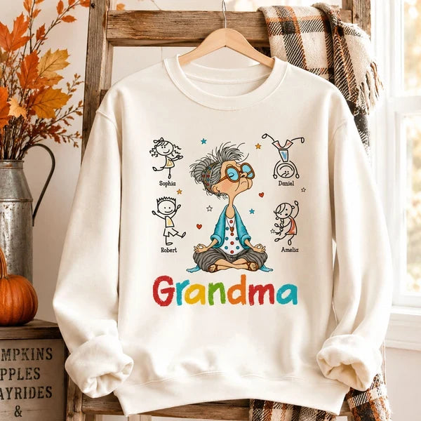 Personalized Grandma Classic Tee, Meditating Cartoon Grandkids Design, Unique Creative Gift for Grandma