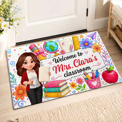 Personalized Standard Doormat for Teacher's Classroom, Watercolor Floral Welcome, Creative Gift for Teachers