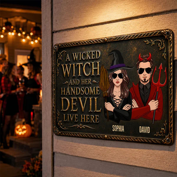 Personalized Rectangular Iron Sign, Wicked Witch & Devil Porch Decor, Unique Gift for Couples