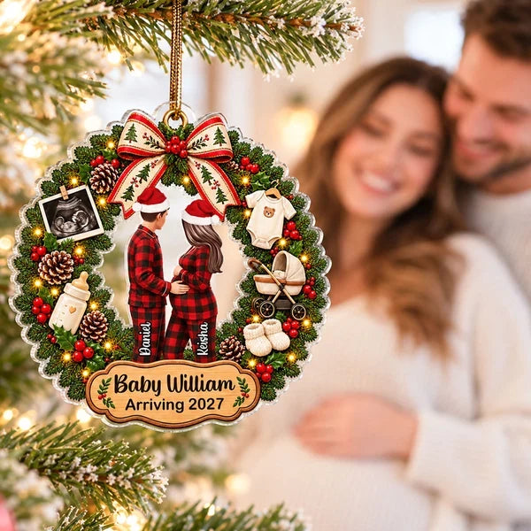 Personalized Acrylic Ornament, Embracing Expecting Couple in Christmas Wreath, Unique Gift for Parents to Be