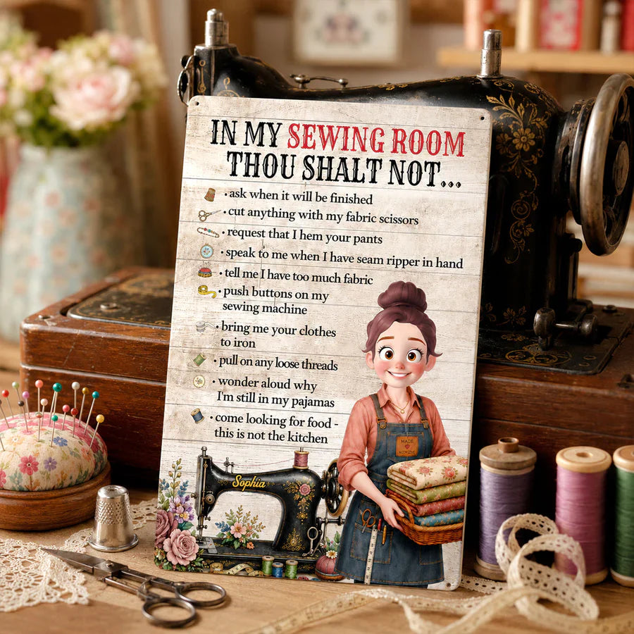 Personalized Rectangular Iron Sign, Sewing Room Rules, Smiling Sewing Girl Holding Fabric, Unique Gift for Crafters