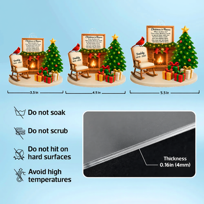 Memorial Acrylic Ornament featuring Christmas tree & fireplace, comforting remembrance décor, thoughtful gift for loved ones