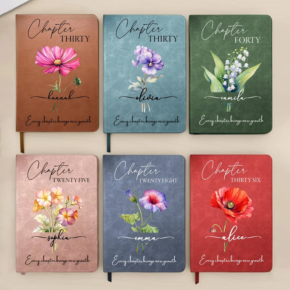 Personalized Leather Journal with Birth Year Chapter and Floral Art, Unique Birthday Gift for Her to Celebrate Every New Chapter
