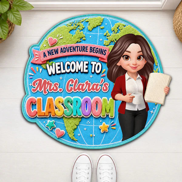 Personalized Shaped Doormat, Globe Classroom Welcome Design, Unique Creative Gift for Teacher
