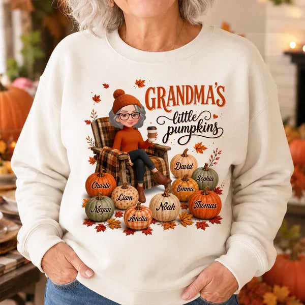 Personalized Grandma Sweatshirt, Seated Grandma with Coffee & Pumpkins, Unique Fall Gift