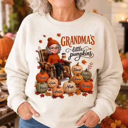 Personalized Grandma Sweatshirt, Seated Grandma with Coffee & Pumpkins, Unique Fall Gift