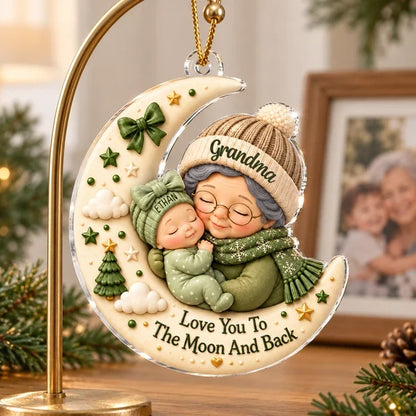 Personalized Acrylic Ornament, Grandma Cuddling Baby on Crescent Moon, Unique Christmas Gift for Grandma