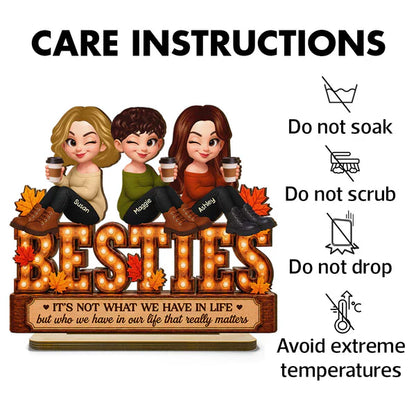 Personalized 2-Layer Wooden Plaque, Fall Besties Cartoon Coffee Scene, Unique Gift for Sister or Friend