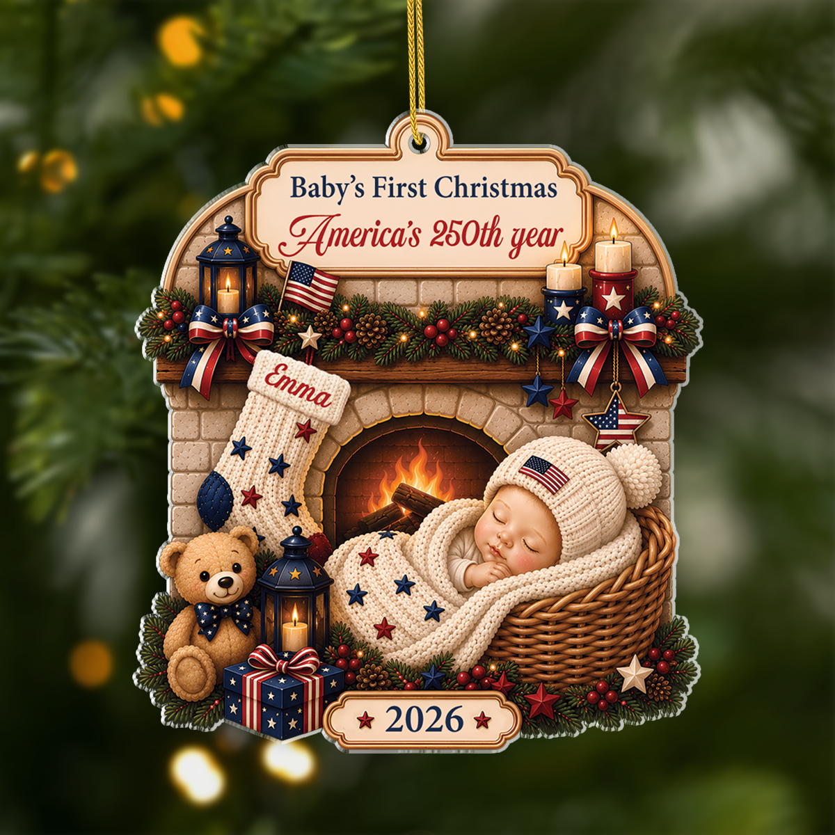 Personalized Baby’s First Christmas 2026 Acrylic Ornament, America’s 250th Anniversary Patriotic Keepsake
