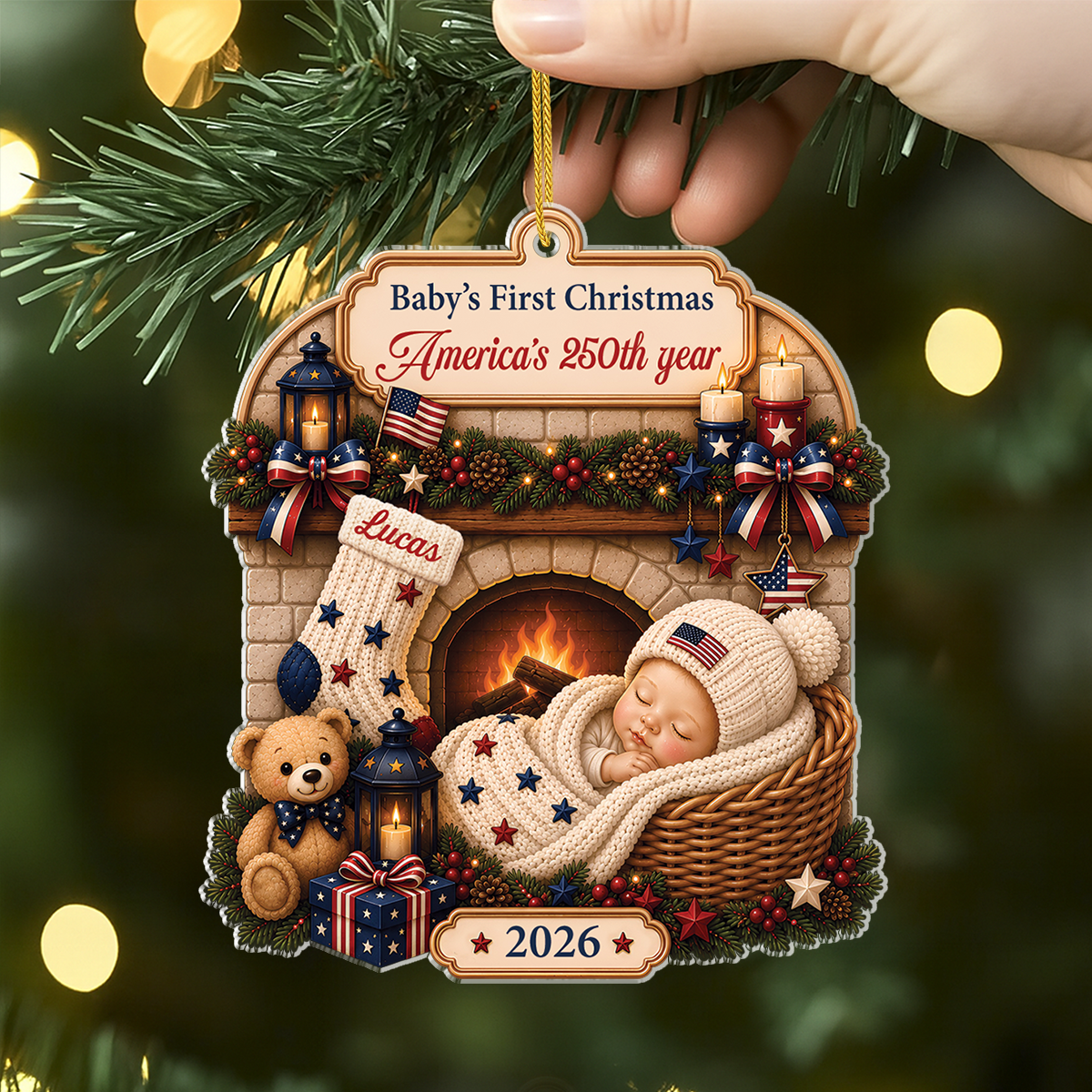 Personalized Baby’s First Christmas 2026 Acrylic Ornament, America’s 250th Anniversary Patriotic Keepsake