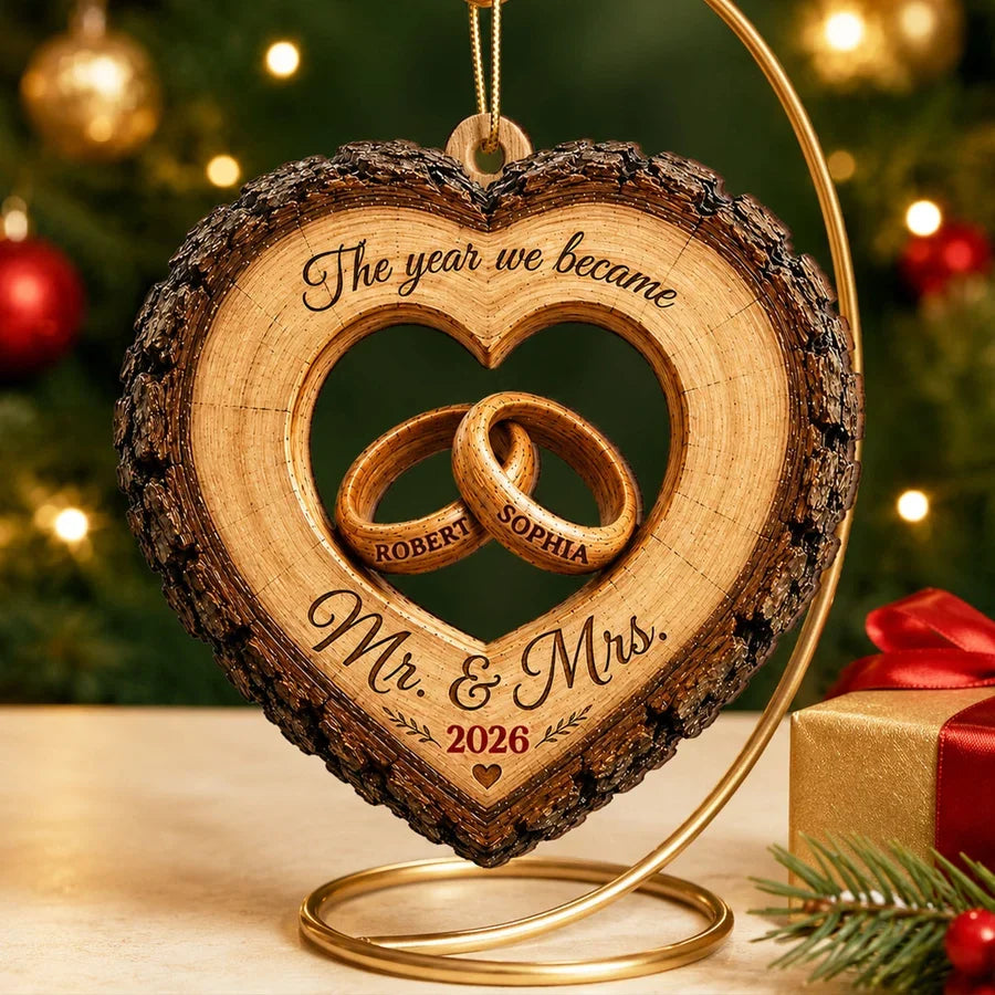 Personalized Wooden Ornament with Intertwined Rings, Rustic Wedding Keepsake and Unique Gift for Couples