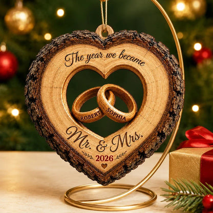 Personalized Wooden Ornament with Intertwined Rings, Rustic Wedding Keepsake and Unique Gift for Couples