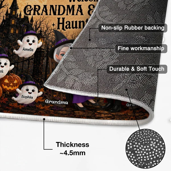 Personalized Standard Doormat, Seated Grandparents in Warm Orange Haunted House, Unique Halloween Gift for Grandparents