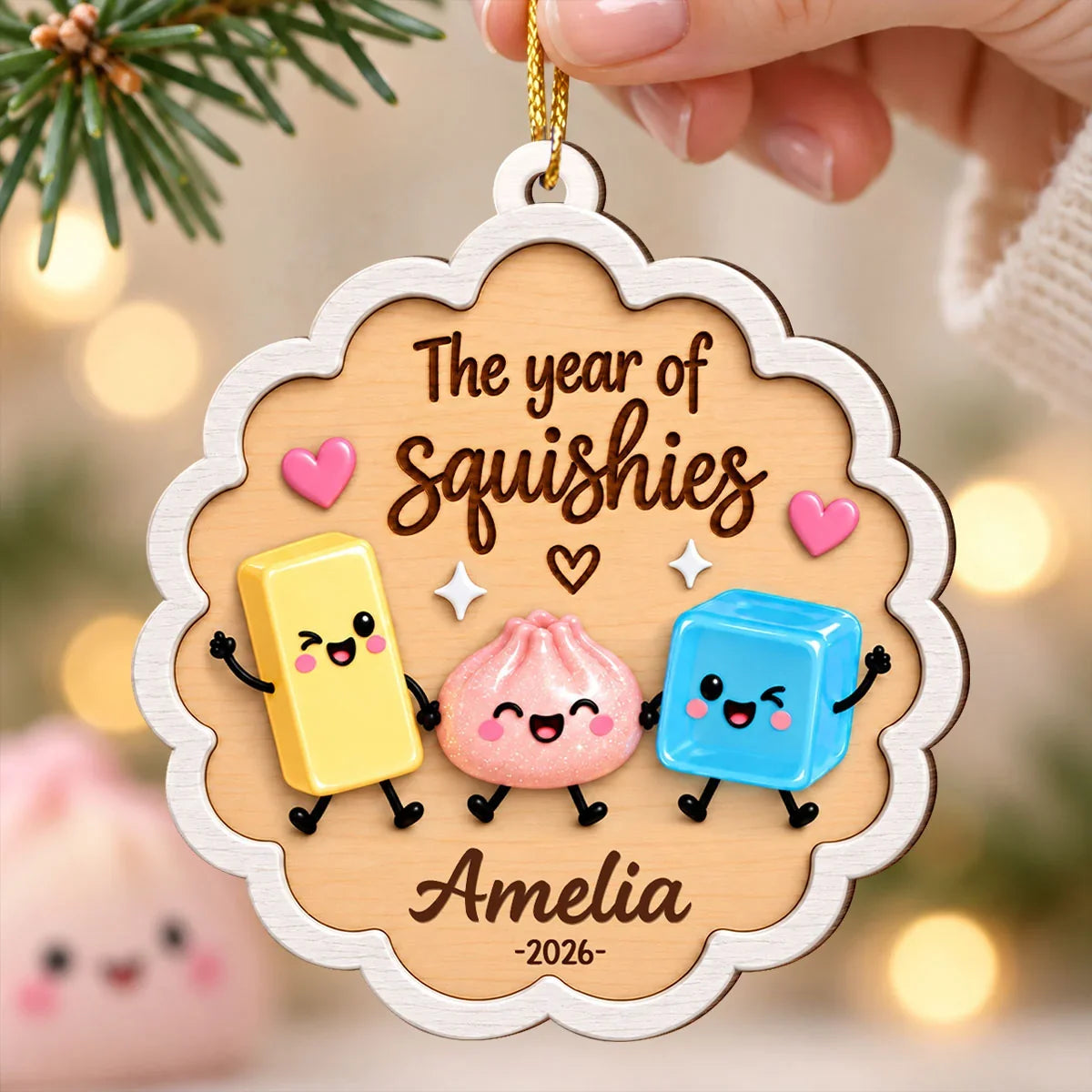 Personalized Wooden Ornament with Colorful Squishy Friends, Unique Gift for Collectors and Christmas Tree Decor