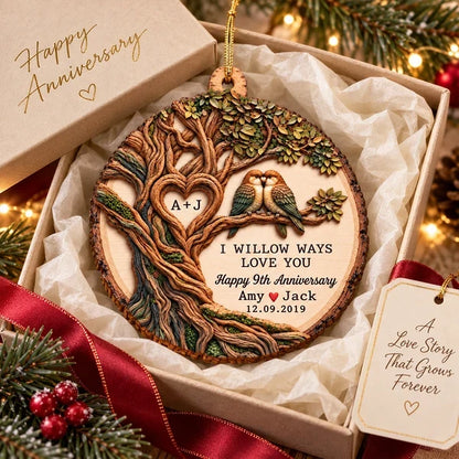 Personalized Wooden Ornament with Willow Tree and Paired Birds, Unique Anniversary Gift for Couples