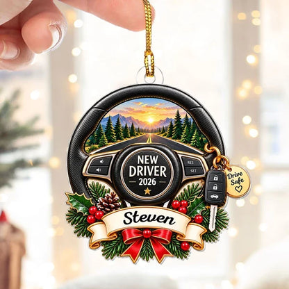 Personalized Acrylic Ornament, New Driver Steering Wheel on a Sunset Mountain Road, Unique Gift