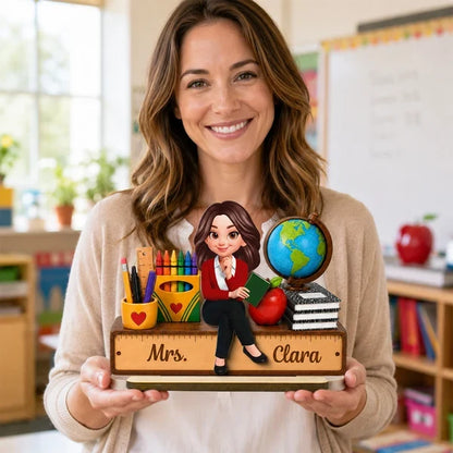 Teacher Wooden Plaque With Apple, Globe & Crayons, Personalized Creative Gift For Classroom Decor