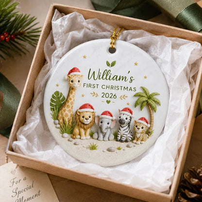 Personalized Ceramic Ornament, First Christmas Safari Animals, Unique Gift for New Parents and Baby