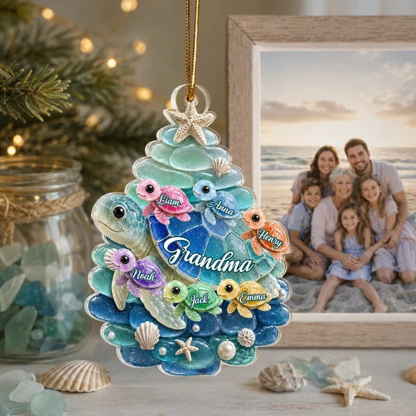 Personalized Turtle Family Acrylic Ornament, Grandma with Grandkids, Unique Christmas Gift for Grandma