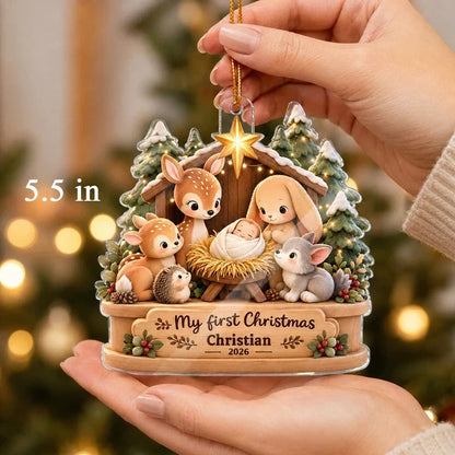 Personalized Acrylic Ornament, My First Christmas Snowy Woodland Scene in Warm Neutrals, Unique Baby Keepsake Gift