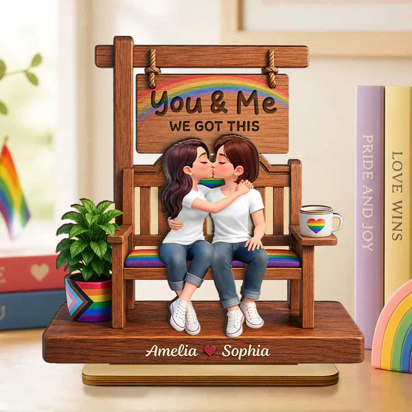 Personalized 2-Layer Wooden Plaque with Kissing Pride Couple, Unique Creative Gift for LGBTQ Couple