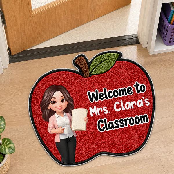 Personalized Shaped Doormat with Smiling Teacher & Apple, Unique Back to School Gift for Teacher