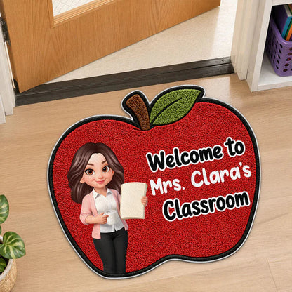 Personalized Shaped Doormat with Smiling Teacher & Apple, Unique Back to School Gift for Teacher