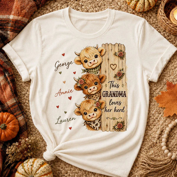 Grandma Loves Her Herd Classic Tee, Personalized Highland Cow Family Shirt, Unique Gift for Grandma