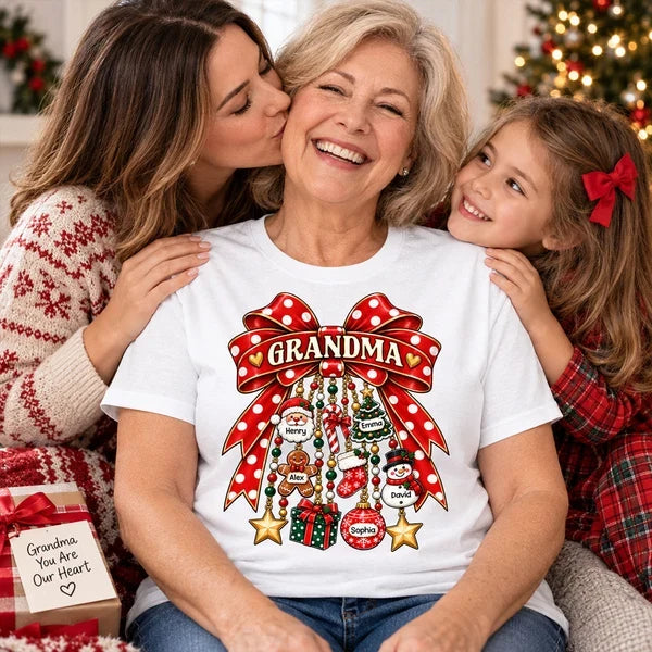 Personalized Grandma Classic Tee with Retro Christmas Bow, Unique Gift for Cozy Holiday Gatherings