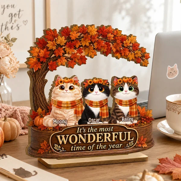 Personalized 2-Layer Wooden Plaque with Cats Under Autumn Leaves, Unique Creative Gift for Cat Lovers