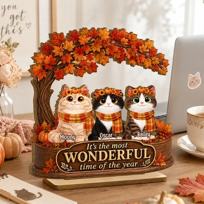 Personalized 2-Layer Wooden Plaque with Cats Under Autumn Leaves, Unique Creative Gift for Cat Lovers