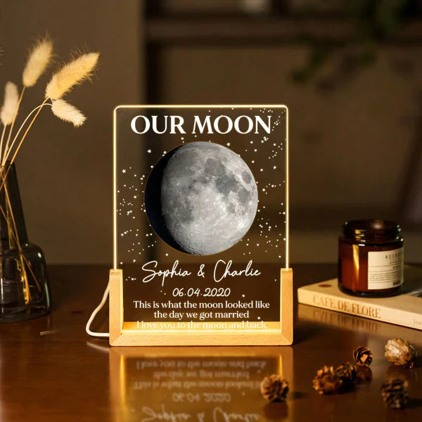 Personalized Moon Phase LED Light Frame, Unique Gift for Couple, Warm Starry Wedding Anniversary Keepsake