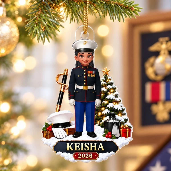 Personalized Acrylic Ornament, Marine in Dress Uniform Beside a Snowy Christmas Tree, Unique Gift for Service Members