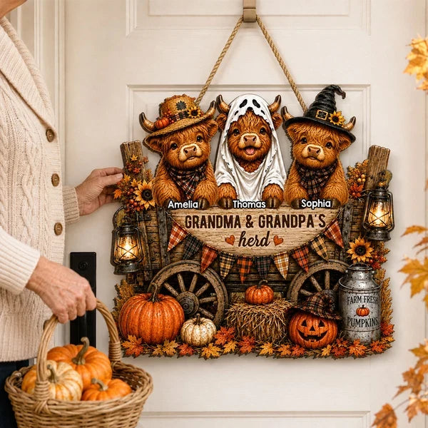 Personalized Wooden Sign with Costumed Highland Cows and Pumpkin Wagon, Unique Fall Gift for Grandparents